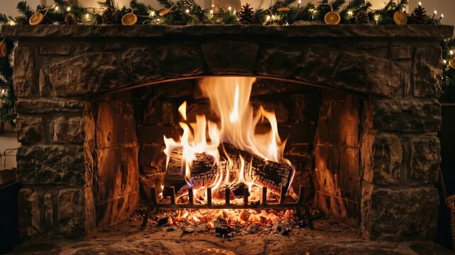 Burning yule log glowing inside rustic stone fireplace, flickering flames casting warm ambient light, cozy winter holiday atmosphere, peaceful festive seasonal background, 4K video