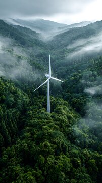 Modern wind turbine in middle of lush green forest