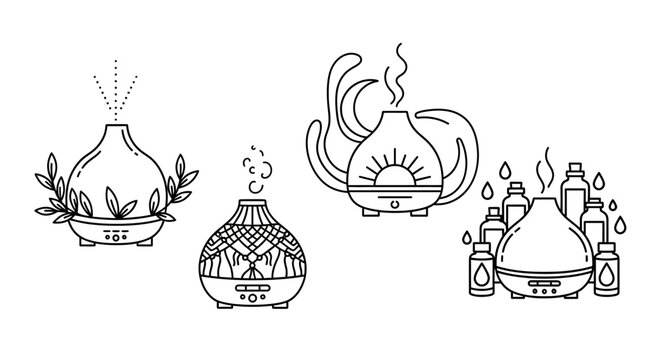 Aromatherapy Diffusers Collection: Essential Oil Diffuser Line Art Icons