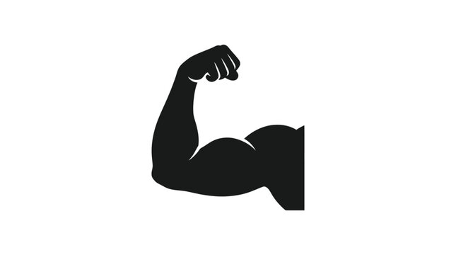 A bold black silhouette of a muscular arm flexing to represent strength and physical fitness power