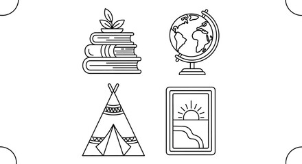 Set of 4 outline icons: books, globe, teepee, landscape. Education, travel, nature, art. © kumara