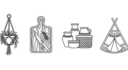 Boho Decor Icons: Macrame Hanger, Cutting Board, Pottery, Teepee - Line Art Set © kumara