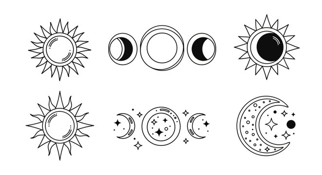Celestial Icons: Sun, Moon Phases, Stars, and Crescent Moon - Hand-drawn Vector Art