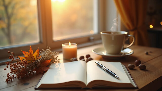 World Gratitude Day concept, open journal with pen on cozy autumn wooden table, steaming coffee and candle by window for mindfulness writing