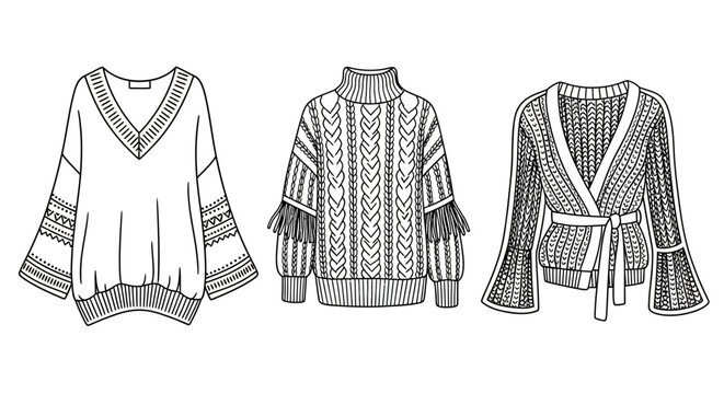 Fashionable Knitwear Collection: V-neck Sweater, Cable Knit Turtleneck, Wrap Cardigan