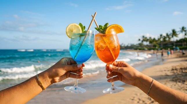 People toasting with tropical cocktails on beach