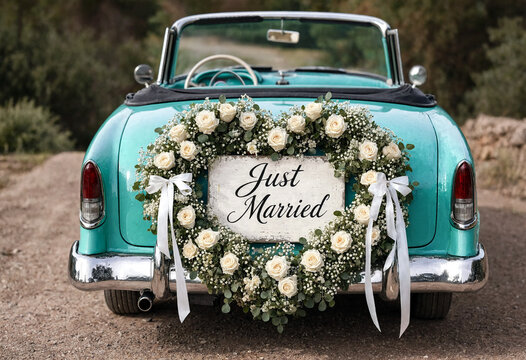 Vintage turquoise convertible car decorated with just married sign and white flowers on a road
