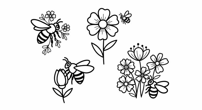 Hand-drawn bee and flower line art collection, nature sketch, summer insects, floral design elements