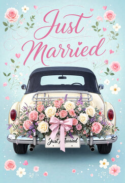 Vintage wedding car decorated with flowers and just married sign in beautiful pastel colors
