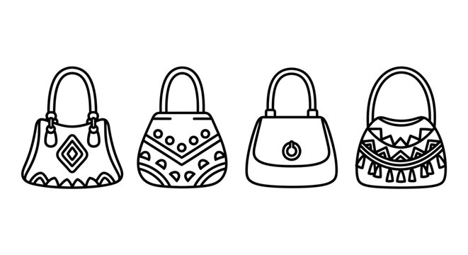 Four outline handbags with decorative patterns, isolated on white background