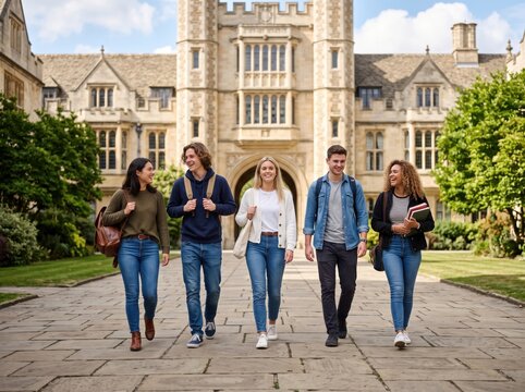 Five diverse young adults walking together on a stone path in front of a large historic university building with gothic architecture and green trees