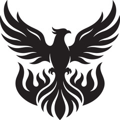Fototapeta premium Black and white phoenix bird vector illustration stencil with spread wings and rising flames design silhouette graphics element isolated on transparent background for logo emblem badge or tattoo art