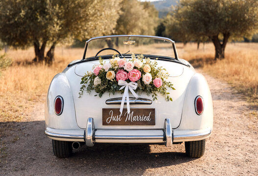 Vintage white convertible car decorated with just married sign and flowers on rural road