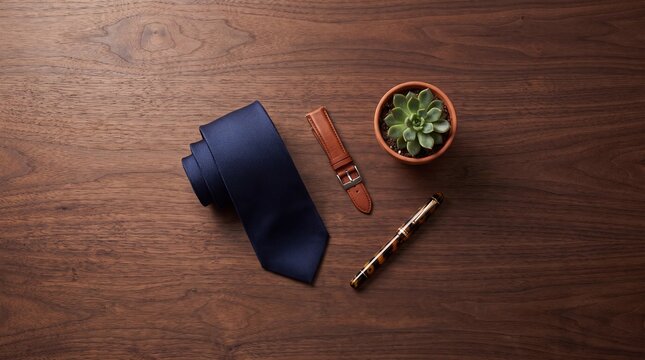 Sophisticated professional accessories arranged neatly on a polished dark walnut wooden desk surface for a stylish executive workspace concept display