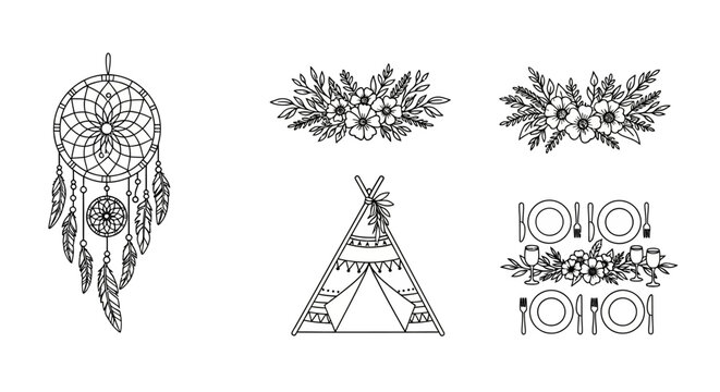 Boho Tribal Elements: Dreamcatcher, Teepee, Floral Borders, Table Setting Icons