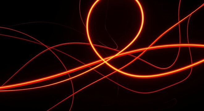 Glowing Red Light Trails Curving Across Dark Abstract Background