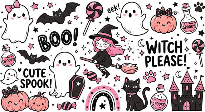 Halloween day cute illustration set witch pumpkins ghosts spooky elements