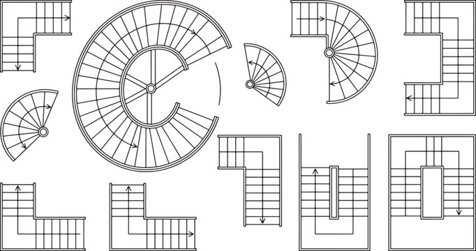 Set of architectural staircase floor plan symbols showing various stair types and layouts in black line art