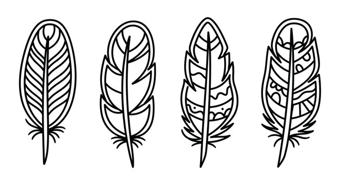 Four stylized feather outlines in black and white, tribal and boho style