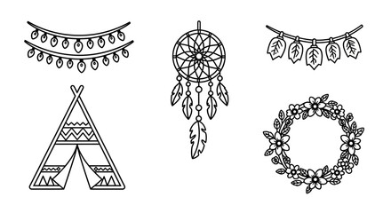 Boho Tribal Elements: Dreamcatcher, Teepee, Garland, Wreath - Outline Icons © kumara