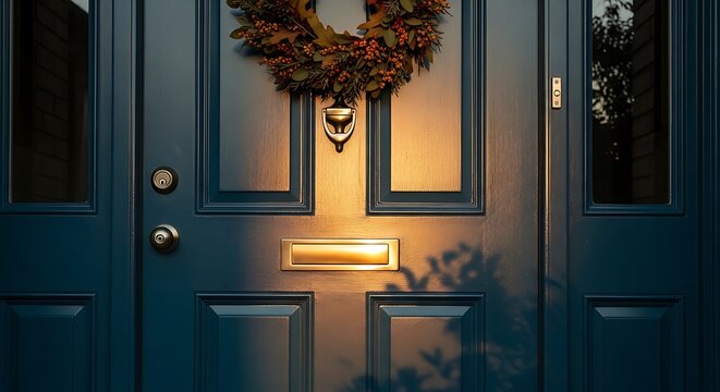 Elegant Blue Front Door with Autumn Wreath and Warm Porch Light at Dusk
