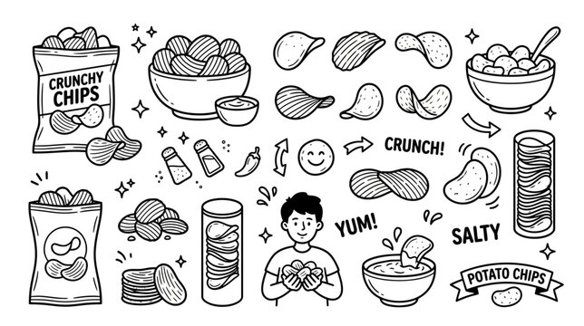 Hand-Drawn Potato Chips Collection: Snacks, Bags, Bowls, and Fun Elements