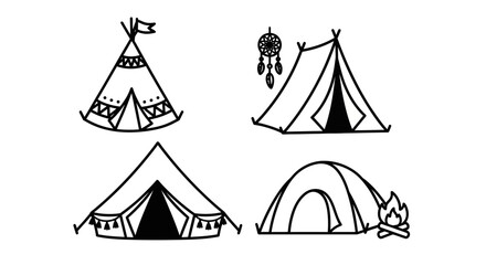 Boho Camping Tents Set: Teepee, Bell Tent, Dome Tent with Dreamcatcher and Fire © kumara