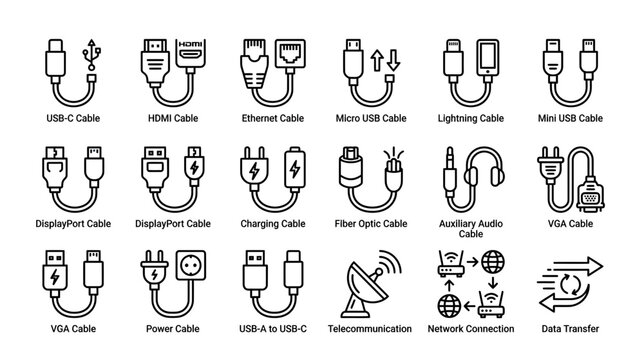 Collection of Modern Electronic Cables and Connectors Icons