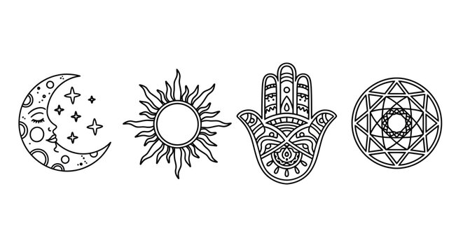 Celestial Icons: Moon, Sun, Hamsa Hand, Geometric Mandala