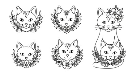 Whimsical Cat Illustrations: Floral Wreaths and Line Art Portraits © kumara