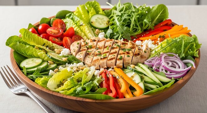 Fresh Grilled Chicken Salad Arranged in Wooden Bowl on Light Table