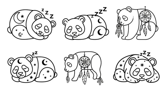 Cute Sleeping Pandas with Dreamcatchers and Celestial Motifs - Line Art Illustration