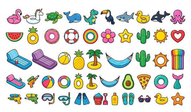 Summer Cartoon Pool Toys Collection Flat Vector Illustration