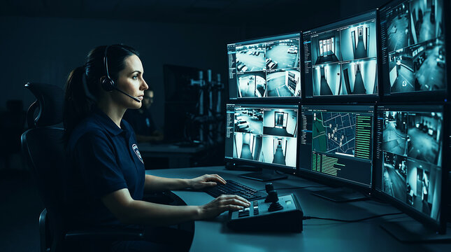 Woman monitoring security camera feeds in control room cinematic detective concept for mystery investigation. Ai Generated
