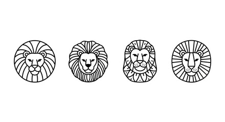 Set of four stylized lion head icons with circular manes, minimalist outline design. © kumara