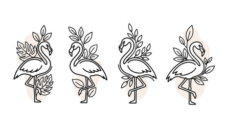 Flamingo Line Art with Tropical Leaves and Abstract Shapes - Minimalist Vector Illustration © kumara