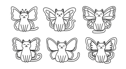 Cute Cat Butterfly Illustrations - Set of 6 Kawaii Feline Designs © kumara