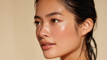 Fototapeta premium soft macro beauty shot of an Asian female model with hair slicked back, focusing on the cheek and upper face area, warm yellow-beige undertone 