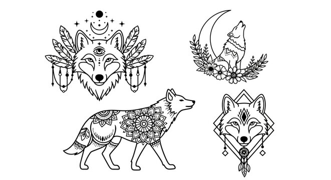 Bohemian Wolf Illustrations: Mystical Animals with Feathers, Moon, and Mandalas