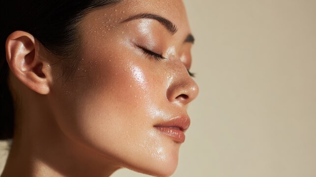 soft macro beauty shot of an Asian female model with hair slicked back, focusing on the cheek and upper face area, warm yellow-beige undertone
