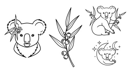 Cute Koala Illustrations with Eucalyptus Branch and Moon © kumara