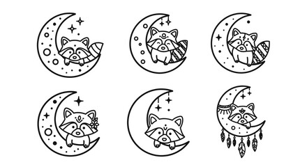 Cute Raccoon on Crescent Moon, Celestial Boho Illustration Set © kumara