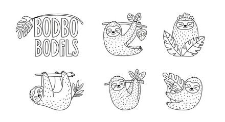 Cute Sloth Illustrations Set: Hanging, Resting, and Text Designs © kumara