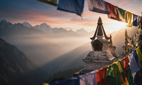 Dochula Pass with 108 Druk Wangyal Chortens in Bhutan at sunset