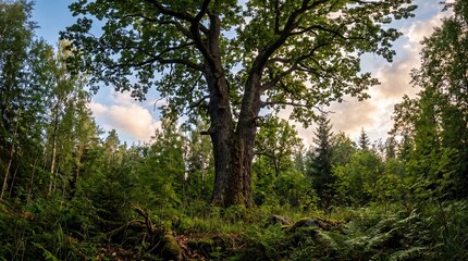 Fototapeta premium Tall tree stands in the forest under a cloudy sky at sunset
