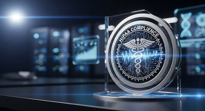 HIPAA compliance and medical security featuring digital data protection technology in a futuristic healthcare server room environment