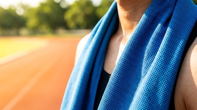Close up of athlete with blue cooling towel around neck managing heat stress after track workout