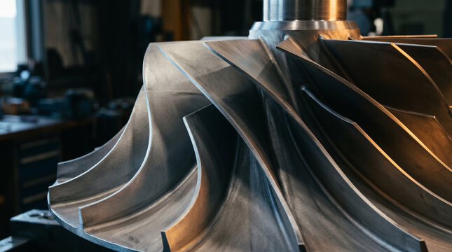 Industrial steel impeller turbine component close up.