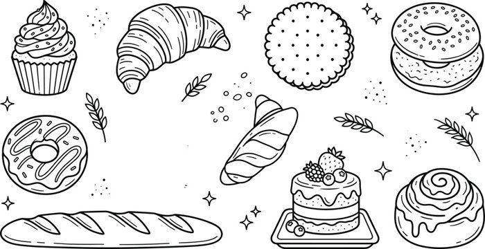Gourmet bakery shop sweet pastry and fresh bread line icon set vector illustration featuring croissant donut baguette cake