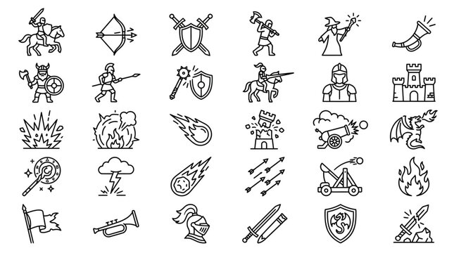 Fantasy Icons: Warriors, Dragons, Magic, Siege, Medieval Battle Elements